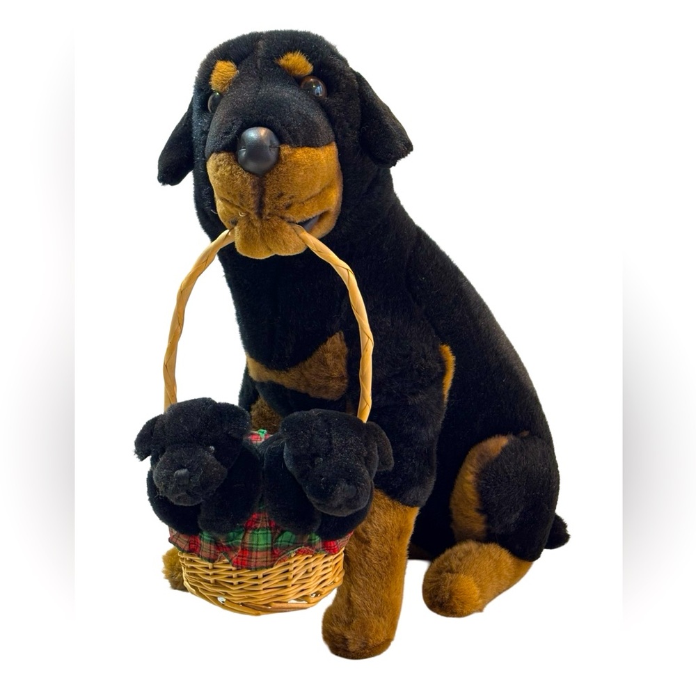 VTG‎ Rottweiler Mother Dog & Puppies in Basket Stiff Plush by E&J Classic